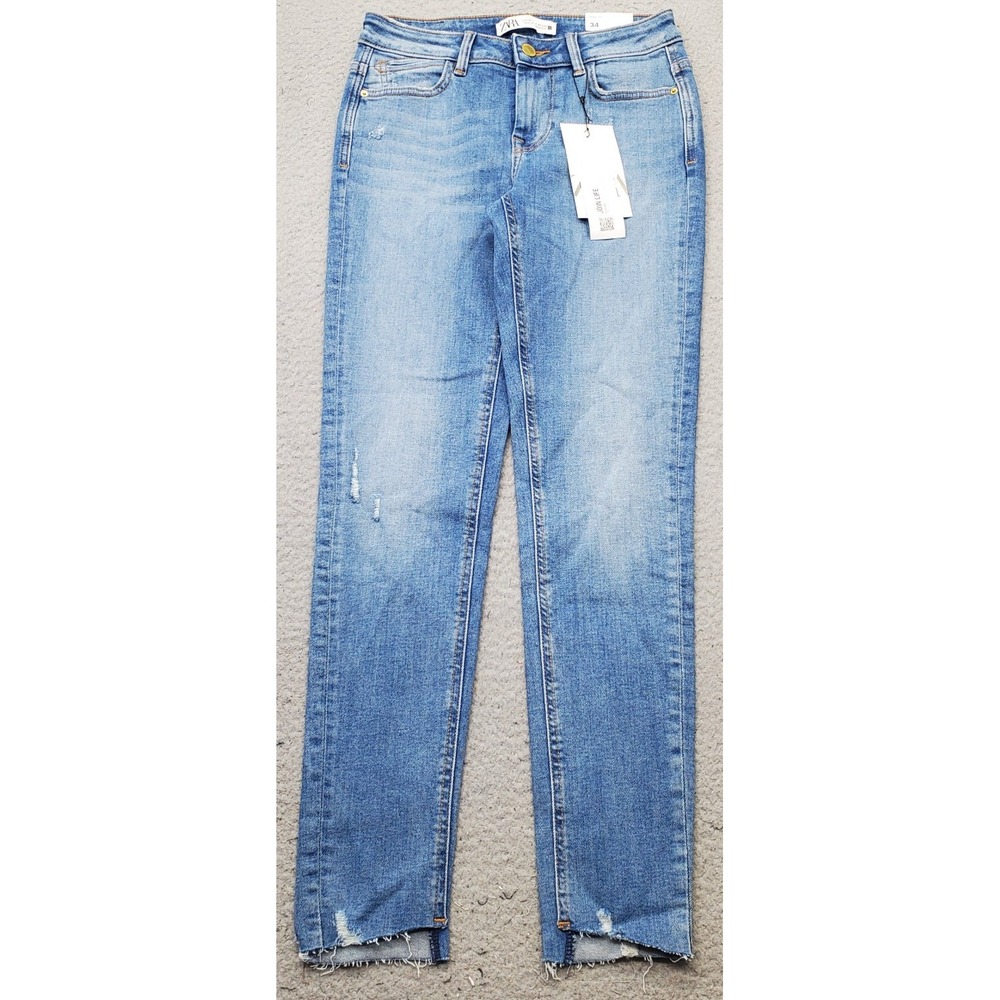 Zara Ankle Jeans Womens Size 2 Blue Denim Stretch Distressed Mid Rise Skinny Leg